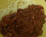A picture of step 5 of Spaghetti Bolognaisse from scratch 673 cals if following or equivalent used.