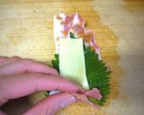 A picture of step 6 of Great in Bentos- Pork Rolls with Umeboshi, Shiso Leaves, and Cheese.