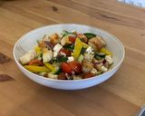 A picture of step 4 of Greek Panzanella Salad.