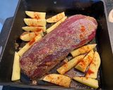 Foto del paso 1 de la receta: Peceto al horno a la mostaza mechado con jamón y queso y por encima salsa blanca con choclo y queso