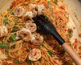 A picture of step 4 of Mediterranean shrimp pasta.