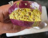 A picture of step 4 of Aubergine dipped in Besan or Chickpea flour / Pur Bhora Begun Bhaaja in Thakurbari style.