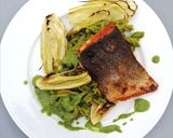 A picture of step 10 of Pan roasted salmon/lentil pasta, green pesto and roasted fennel.