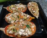 Foto del paso 5 de la receta: Berenjenas rellenas de verduritas y pollo🍆🐣🐥