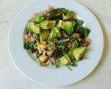A picture of step 5 of Quinoa with black beans and avocado- topped with Avocado cashew dressing.