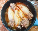Hình bước làm 7 của món Cơm ngon nhà Huý 🏡: Mực dồn thịt sốt cà - Canh mồng tơi, rau dền, mướp nấu thịt, mọc