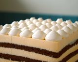 A picture of step 19 of Tiramisu, and Cocoa Sponge with plenty of Coffee Syrup.