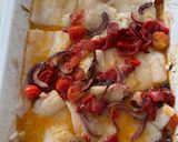 A picture of step 4 of Baked Italian cod with cherry tomatoes, olives and peppers.