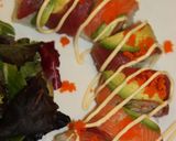 A picture of step 12 of California Rolls with Salmon and Cream Cheese.