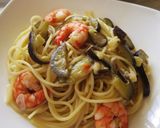 A picture of step 6 of Pasta with Shrimp and Eggplant.