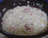 A picture of step 3 of Okonomiyaki that's Crispy Outside and Fluffy Inside.