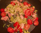 A picture of step 2 of BLT Pasta with garlic croutons.