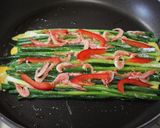 A picture of step 12 of Pajeon (Korean Style Piccata) with Scallion and Sakura Shrimp.