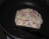 A picture of step 5 of Okonomiyaki that's Crispy Outside and Fluffy Inside.