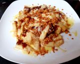 A picture of step 3 of Cheesey Bacon flavoured Chips with Bacon flavoured BBQ Sauce. 😁.