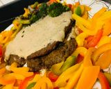 A picture of step 7 of Butter Beef Steaks serve with pepper white sauce and stir fry veggies.