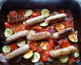 A picture of step 3 of Oven baked veg & bangers.