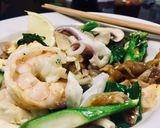 A picture of step 3 of Pad See Ew with Seafood.