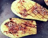 A picture of step 1 of Ottolenghis Roasted Eggplant, w/Feta, Onion & Chopped Lemon.