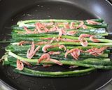 A picture of step 11 of Pajeon (Korean Style Piccata) with Scallion and Sakura Shrimp.