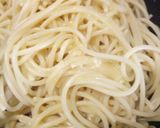 A picture of step 5 of Bucatini Carbonara.