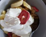 A picture of step 1 of My Breakfast today. Granola with strawberries + & fresh Banana.