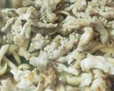A picture of step 5 of Stir Fried Pork, Shimeji Mushrooms and King Oyster Mushrooms with Oyster Sauce.