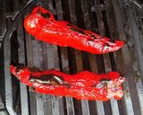 A picture of step 8 of Salmon,aubergine and spinach skewers with red pepper dressing.
