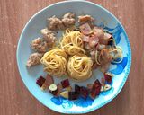 รูปขั้นตอนการทำที่ 8 ของ สปาเกตตี้หมูเด้งเบคอนพริกแห้ง
