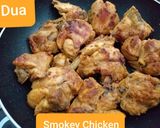 A picture of step 4 of Smokey Chicken(BBQ in pan😍)with fried rice and fries.