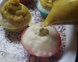 A picture of step 3 of Rava idli cup cake with masala aloo frosting.