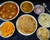 A picture of step 9 of Mutter paneer, paratha with zeera rice and dalfry.
