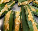 A picture of step 3 of Paneer Aloo stuffed bhindi with achari masala.