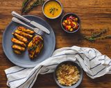 A picture of step 5 of Honey & Mustard marinated Chicken with Sautéed Onion Rice, Mango Salsa and a honey & mustard sauce.