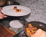 A picture of step 4 of Peri peri tandoori soya chap with curd dressing / dip.