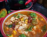 A picture of step 10 of Chicken fajita soup with chicken pin rolls and cheesy potatoes.