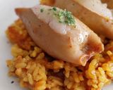 Foto del paso 19 de la receta: Arroz con calamares rellenos de gambas y boloñesa con velo de panceta ibérica