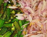 A picture of step 8 of Bhindi Gosht (okra).