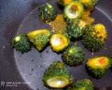 A picture of step 3 of Bharwa karela.
