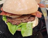 A picture of step 3 of Beef burger 🍔 in a gluten free bun.😋😋😋.