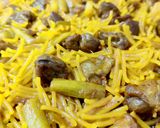 A picture of step 8 of Fideos with Pork Cheeks, Porcini Mushrooms, and Green Garlic.