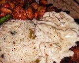 A picture of step 7 of Chicken steak with mushroom sauce with fried rice and fried vegetables.