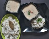 A picture of step 4 of Lilva pulao and gujarati kadhi.