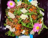 A picture of step 7 of Spiced sweet potato, puy lentil and rocket with honey and parmesan cheese.