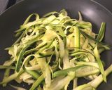 A picture of step 3 of Bacon and mushroom sauce with courgette ribbons.