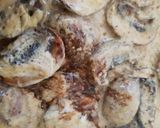 A picture of step 4 of Balsamic Mustard Mushrooms in a creamy sauce & Salad.
