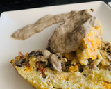 Foto del paso 5 de la receta: Pastel de patata, champis y jamoncito al gratén/salsa de champiñones.🥔🧀🍖