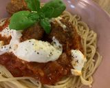A picture of step 2 of Meatballs in a rich tomato sauce with mozzarella.