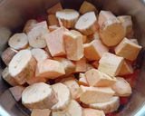 A picture of step 3 of Sweet Potato and Raw Banana Subji.