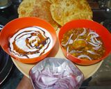 A picture of step 4 of Aloo Chana Poori with dahi bhalla.